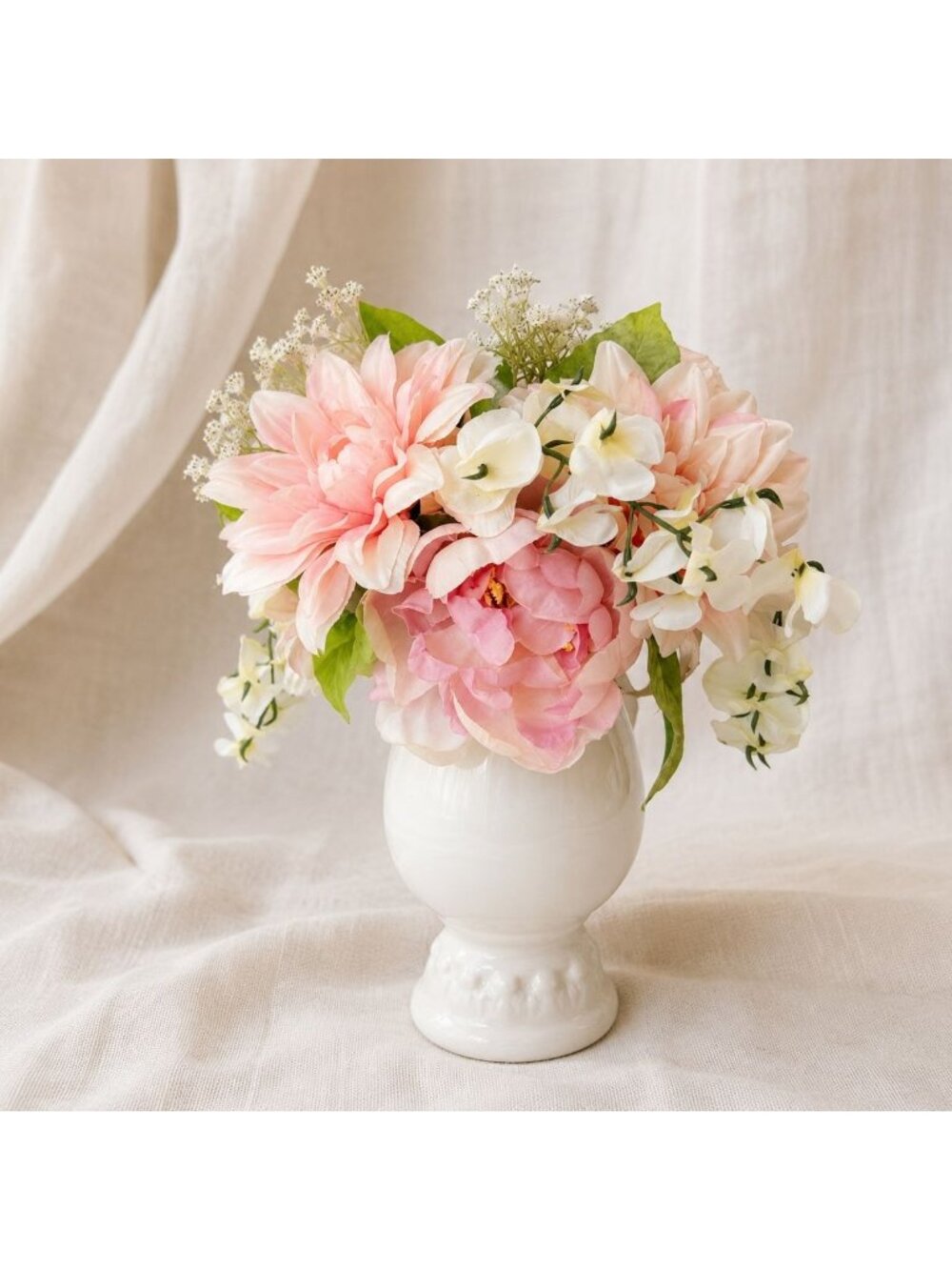 Vintage Faux Floral Arrangement White Ceramic Pedestal Vase Pink Peonies Decor